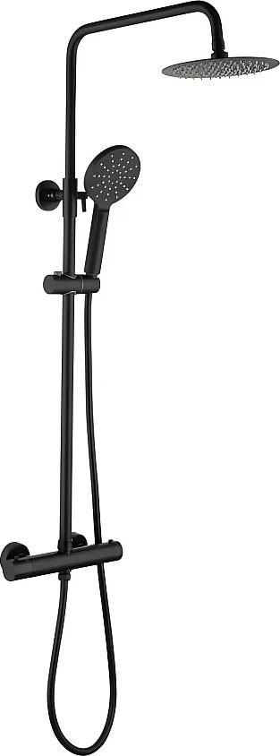 Czarna kolumna prysznicowa termostatyczna z okrągłym, wysokim prysznicem o średnicy 20 cm