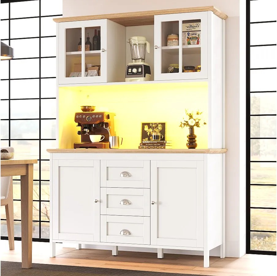 Wysoka komoda kuchenna - 120 x 40 x 179 cm - z diodami LED + 4 drzwi + 3 szuflady + półka - MDF + metal - biała