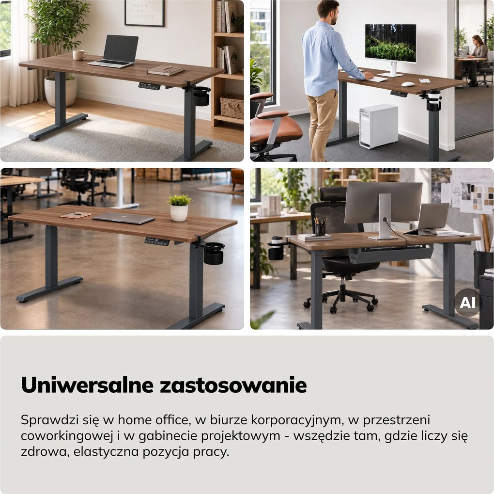 Biurko elektryczne z regulacją wysokości ergonomiczne antracytowe/orzech,1400x700 mm: ARIA