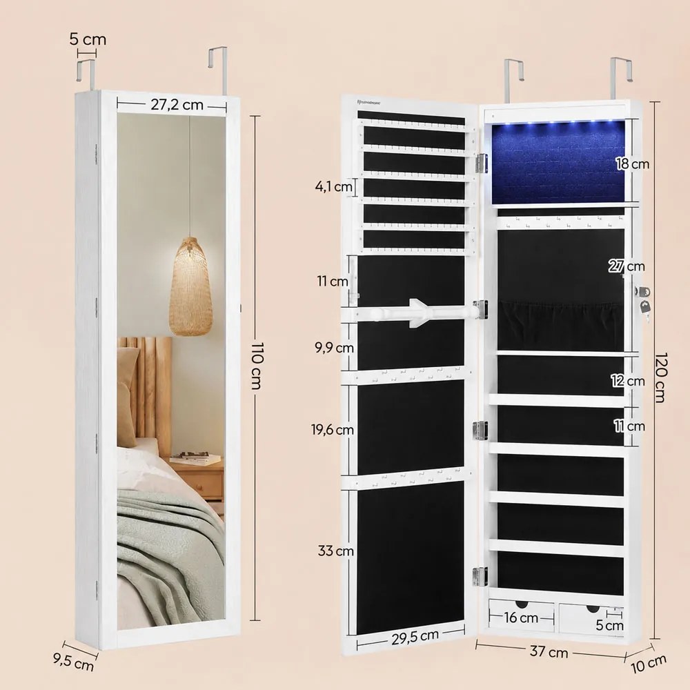 Ścienna szkatułka na biżuterię z lustrem JEWELIA z oświetleniem LED, 10x37x120 cm, biała SongmicsHome