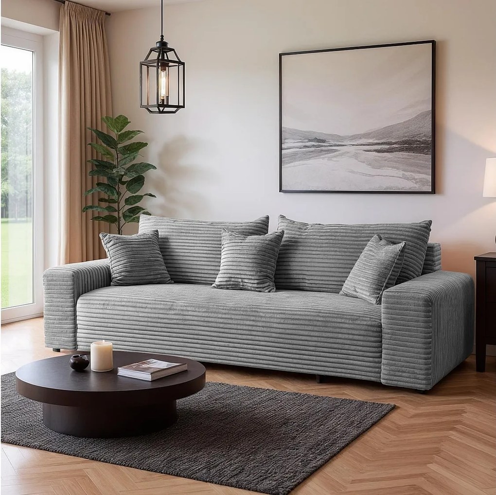 Sofa Rozkładana z Pojemnikiem Cordo z Szarym Welurem Sztruksowym 265 cm