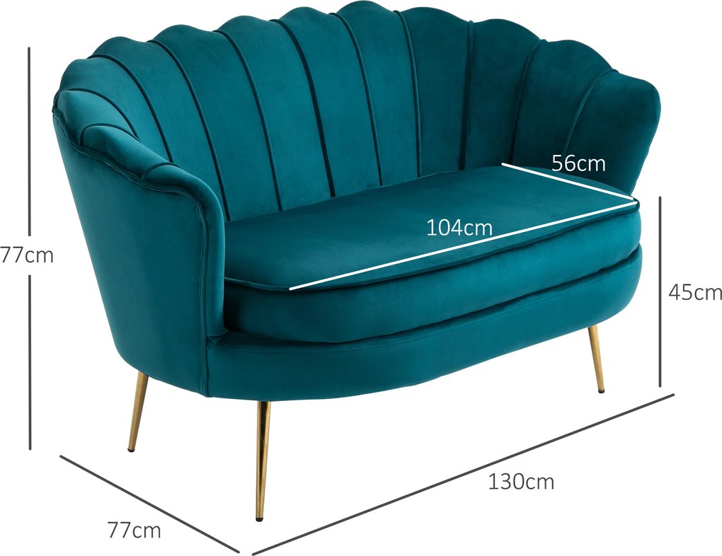 HOMCOM Sofa Dla 2 Osób, Kanapa, Sofa Tapicerowana, Wygląd Aksamitu, Sofa Podwójna, do 150 kg, 130 x 77 x 77 cm, Ciemnozielona
