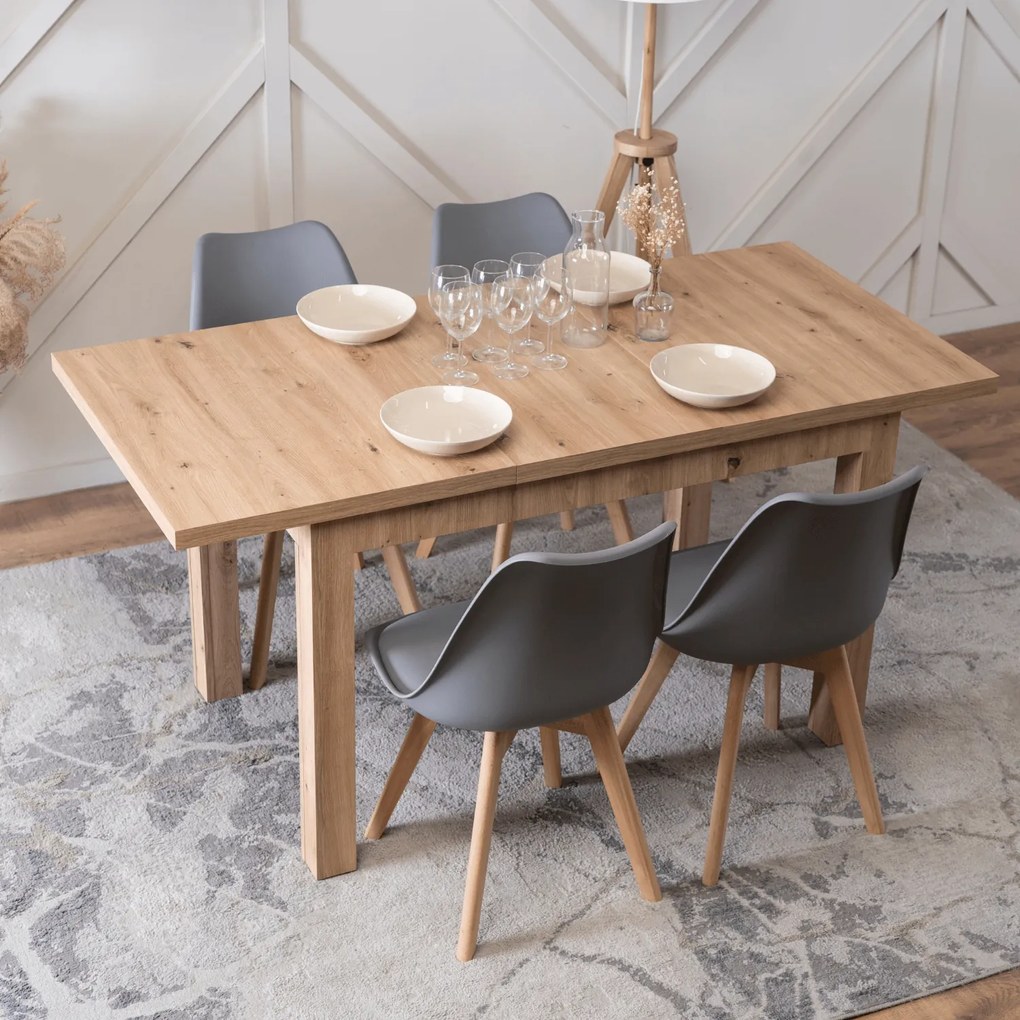 Zestaw Stół Prostokątny SKUBI Rozkładany 120-160 cm Dąb Artisan i 4 Krzesła SCANDI Szare/Dąb