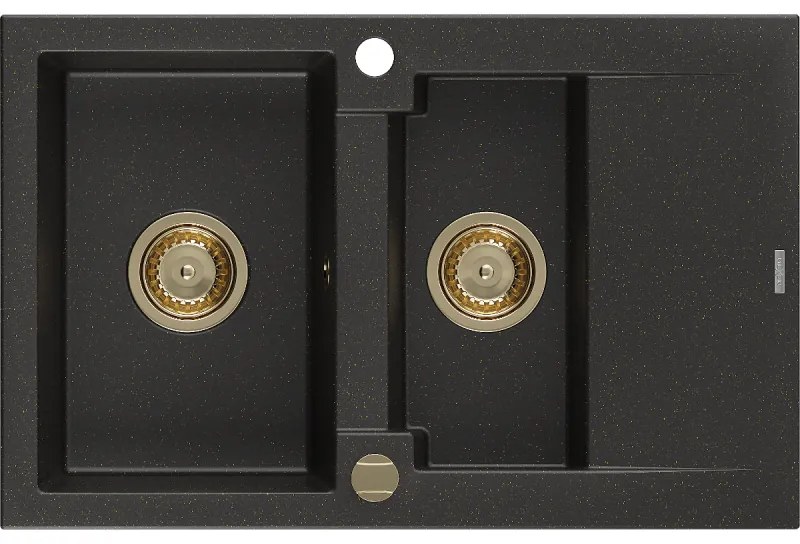 Mexen Gaspar zlewozmywak granitowy 1,5-komorowy z ociekaczem 737 x 475 mm, czarny/złoty metalik, syfon złoty - 6507731505-75-G