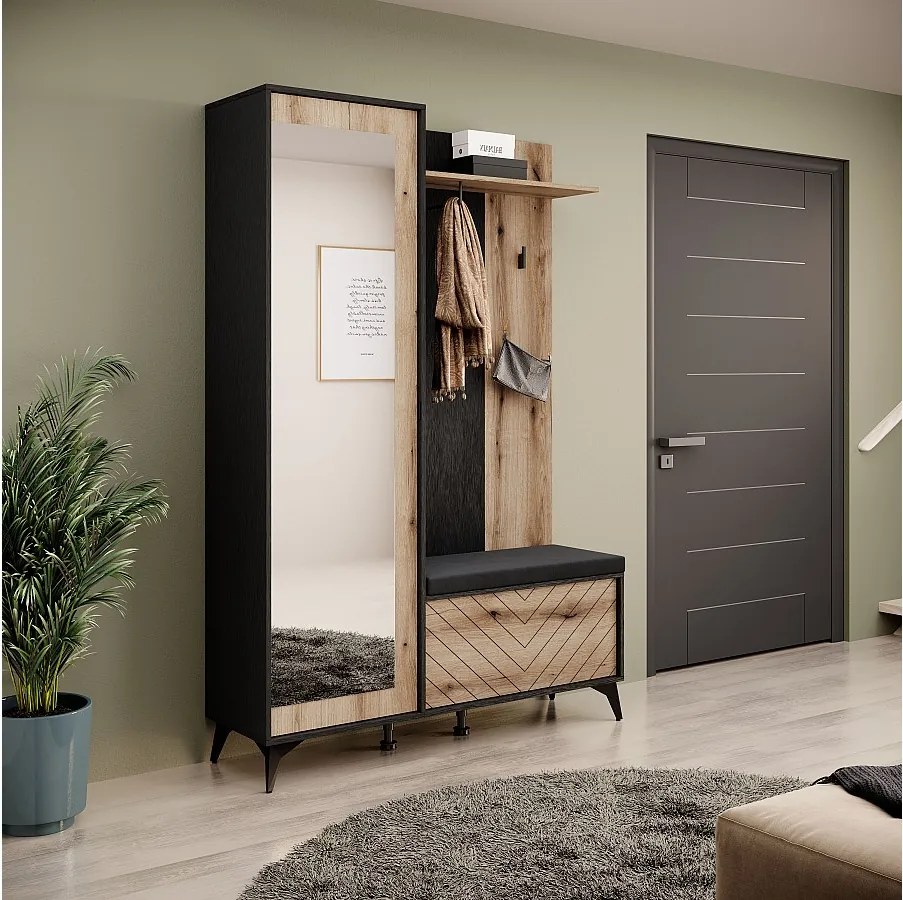 MINIO go for it, Garderoba DIAMOND, z lustrem, z tapicerowanym siedziskiem, dąb evoke/czarny