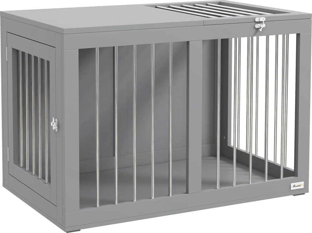 PawHut Buda dla psa, Klatka dla psa, Transportowa klatka dla psów, 2 drzwi, zamykane na klucz, Kratki ze stali, 80 cm x 50 cm x 56,5 cm, Szary