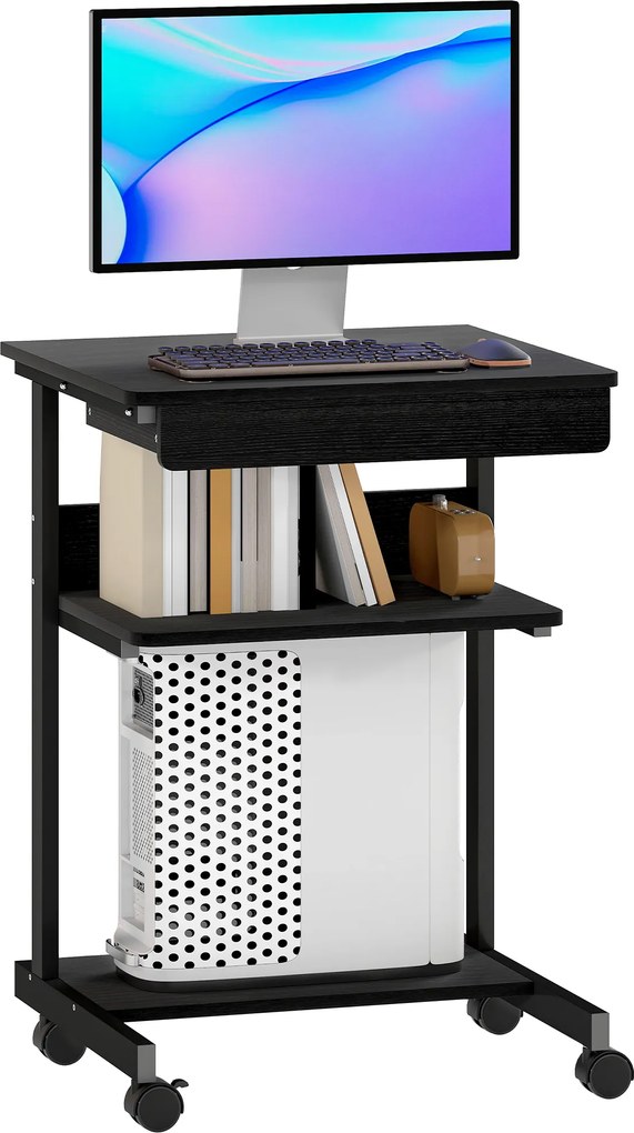 HOMCOM Biurko PC z szufladą i 2 półkami na 4 kółkach, z drewna i metalu, 56x51x79 cm, czarne | Aosom PL