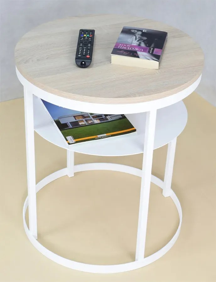 Dwupoziomowy stolik kawowy z półką dąb sonoma + biały A6-R75