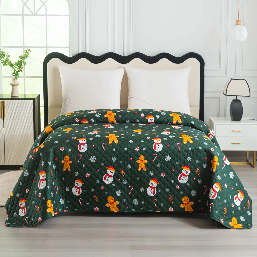 Narzuta na łóżko SNOWMAN AND GINGERBREAD, zielona Rozmiar: 220 x 240 cm