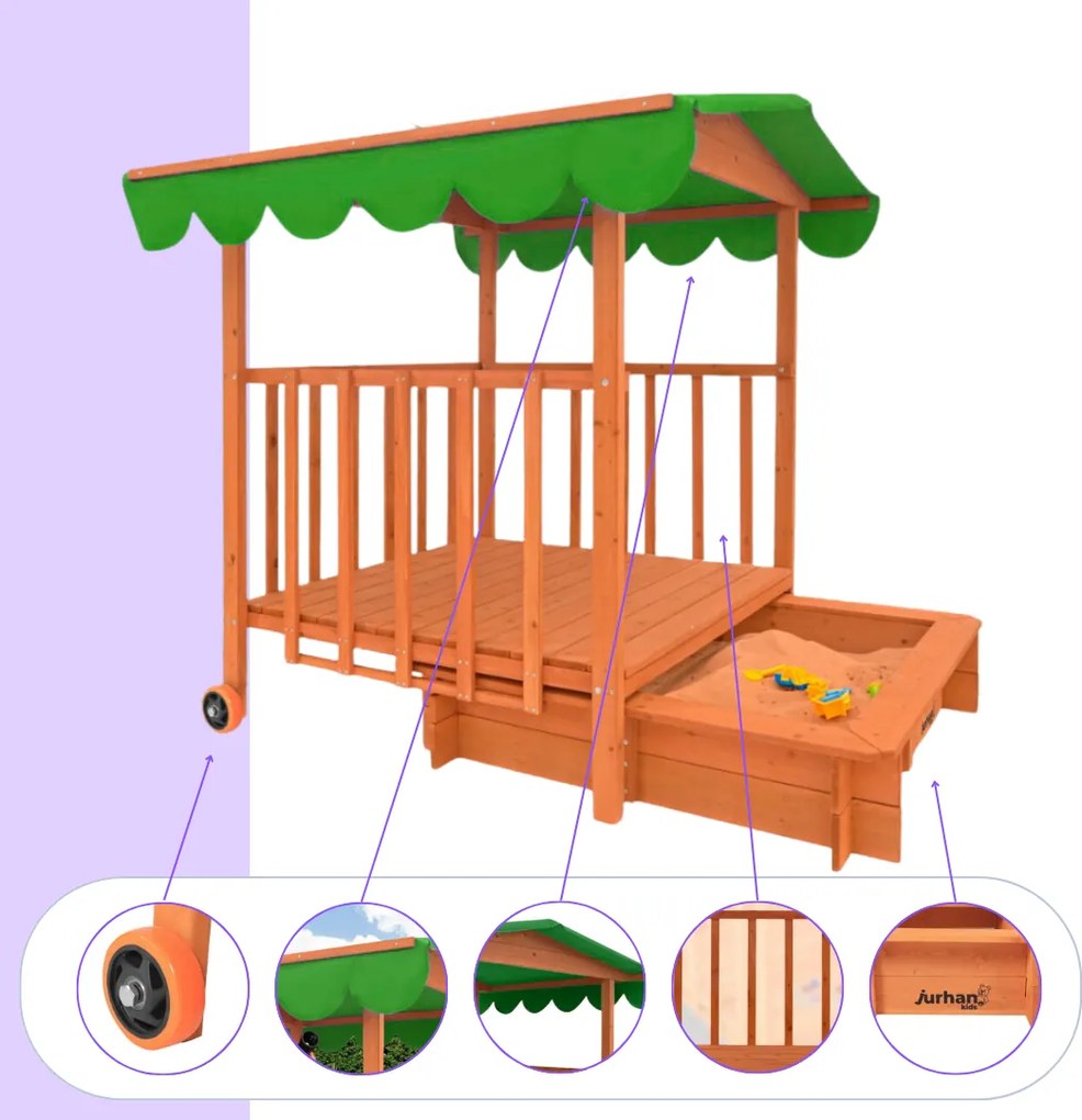 Piaskownica z werandą HAPPY, 130x130x143cm, brązowa/zielona Jurhan