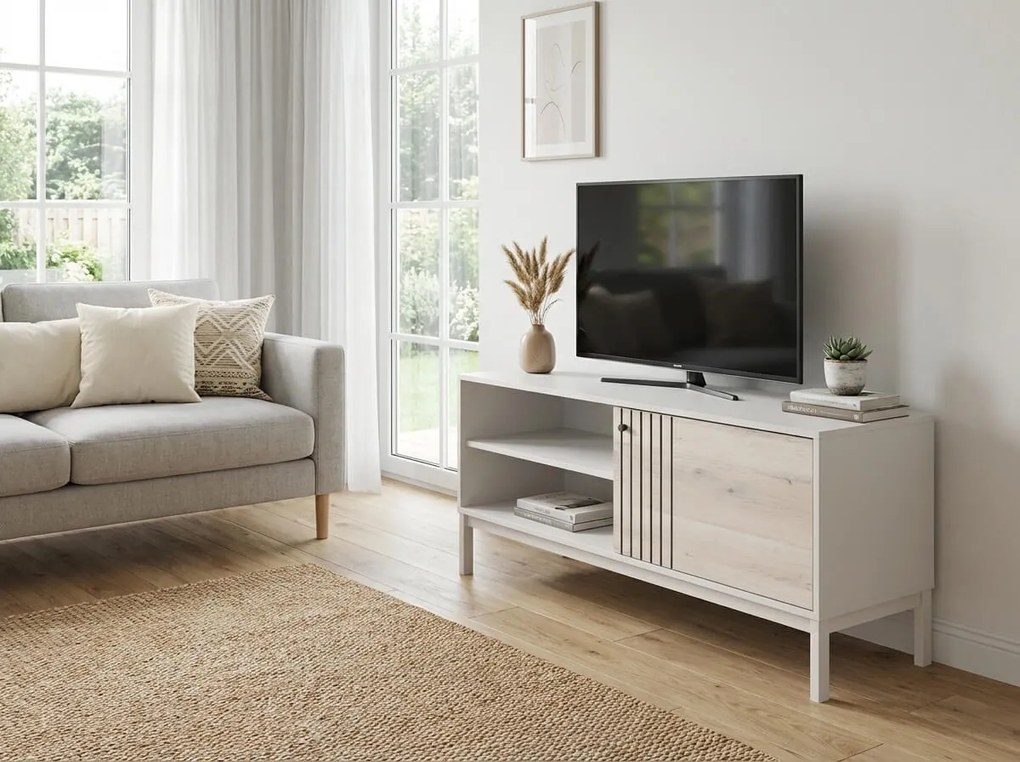 Promocja stolik TV FROST 120x40 cm biały, dekor dąb alpejski II jakość