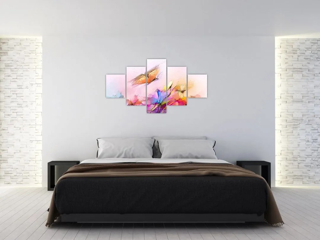 Obraz - Motyl nad kwiatem, abstrakcja (125x70 cm)