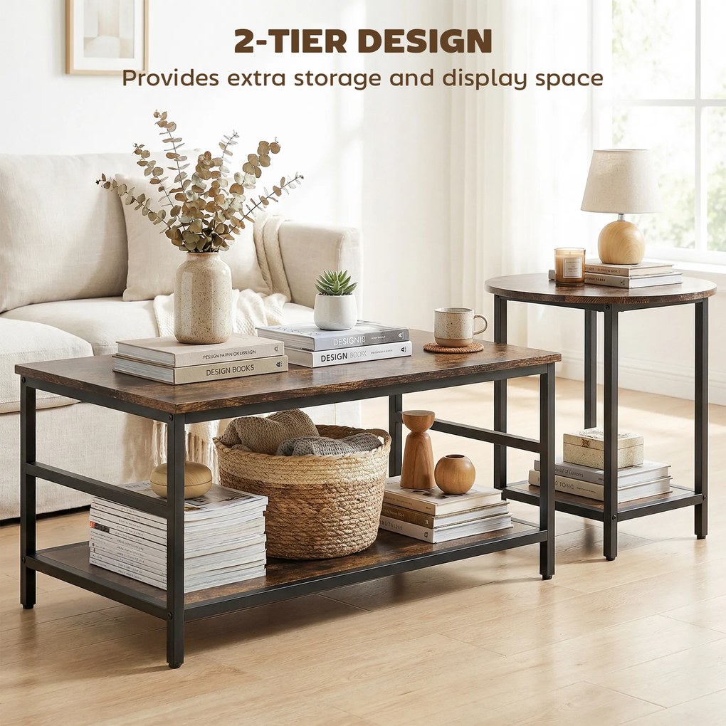 HOMCOM Zestaw stolików kawowych, 2-częściowy, stolik prostokątny i okrągły z 2-poziomowym miejscem do przechowywania, rustykalny brąz | Aosom PL