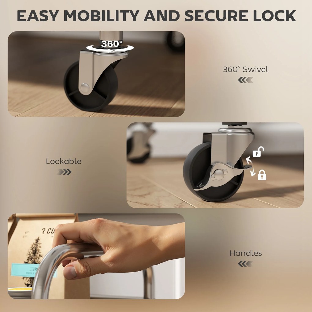 HOMCOM Wózek kuchenny, 4 poziomy, regulowane półki, uchwyty, do kuchni i salonu, srebrny, 60 x 35 x 100 cm | Aosom PL