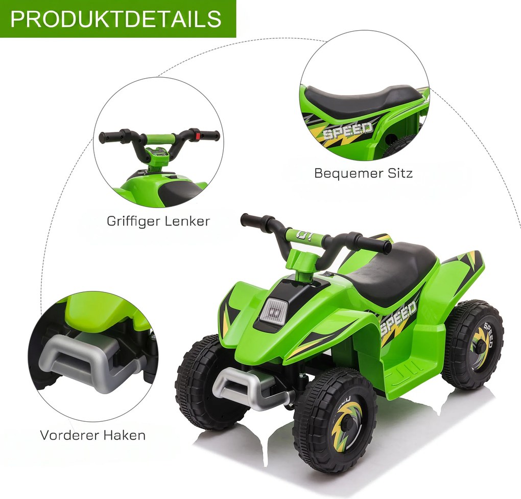 HOMCOM Quad elektryczny 6V dla dzieci z funkcją przód/tył dla dzieci 1,5-3 lat do 20 kg zielony | Aosom PL
