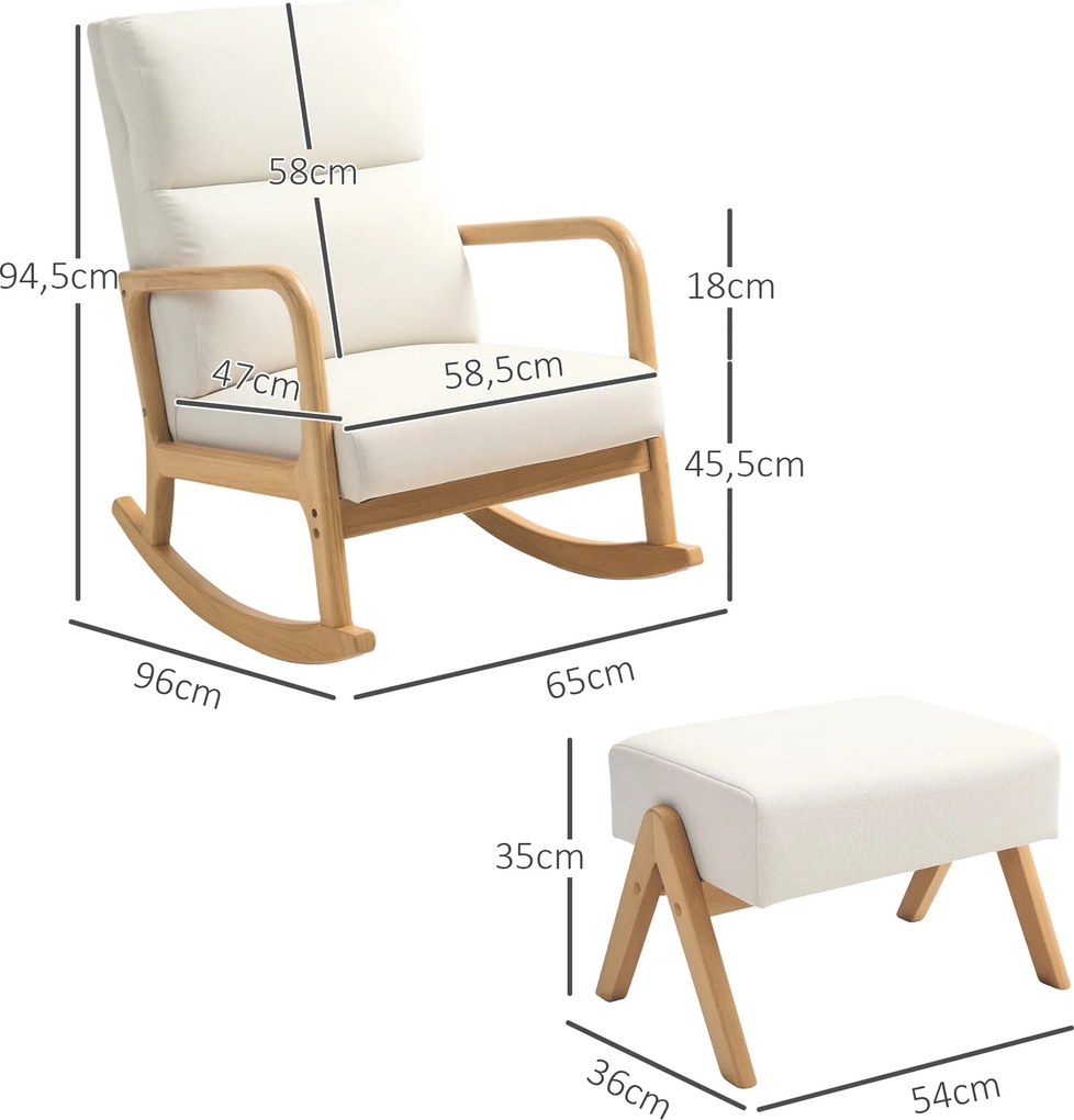 HOMCOM Fotel bujany z podnóżkiem, miękka tapicerka, wygląd lnu, drewniana rama, Kremowy