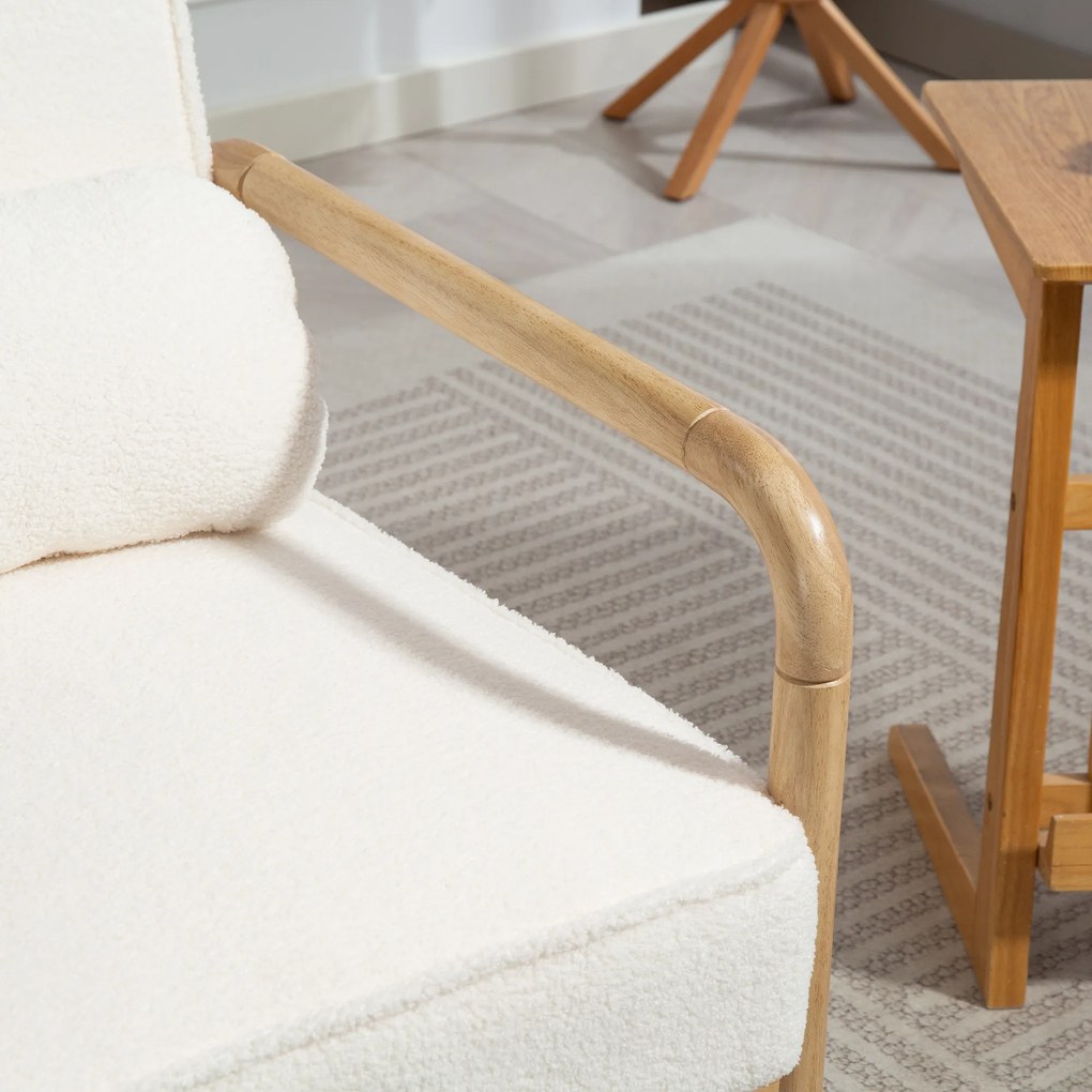 HOMCOM Fotel Akcentowy, Tapicerowany Fotel z Tkaniny, Rama z Drewna Kauczukowego, Nowoczesny Fotel z Poduszką, Biały