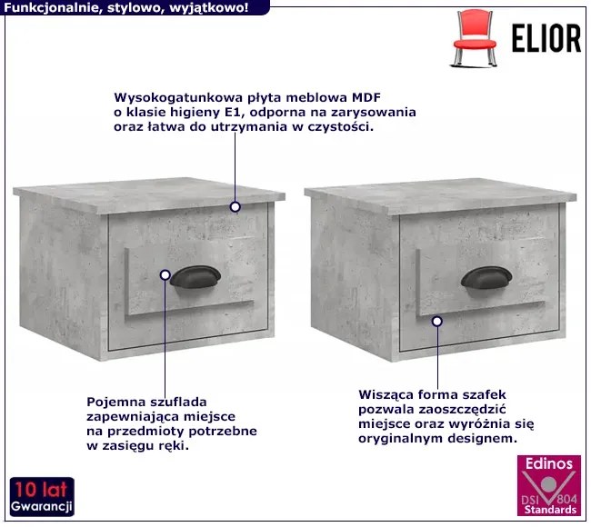 Zestaw wiszących szafek nocnych w kolorze szarego betonu - Tavira