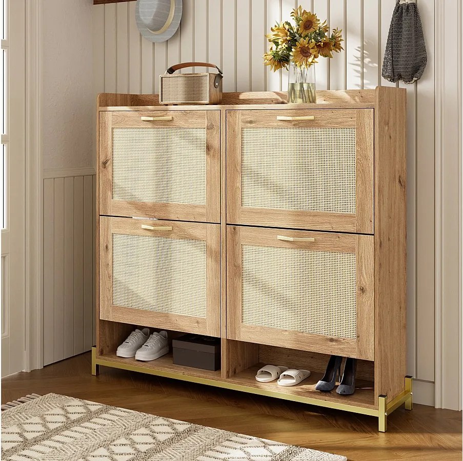 Szafka na buty z 4 drzwiami rattanowymi - 108,5 x 24 x 100 cm - rama metalowa - MDF - naturalna
