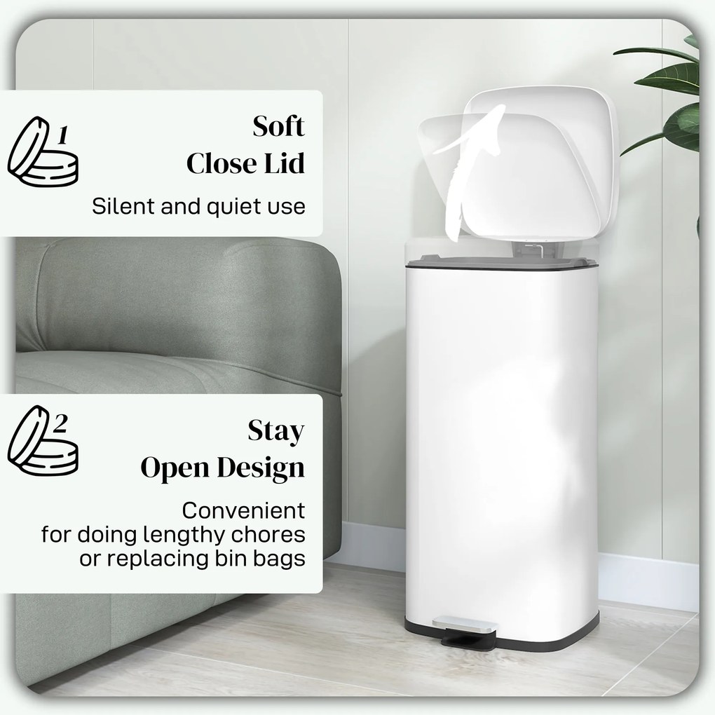HOMCOM Kosz na śmieci 30L, pokrywa Soft-Close, odporny na odciski, pedał, Metal/Tworzywo sztuczne, 28x35x63,5 cm, Biały
