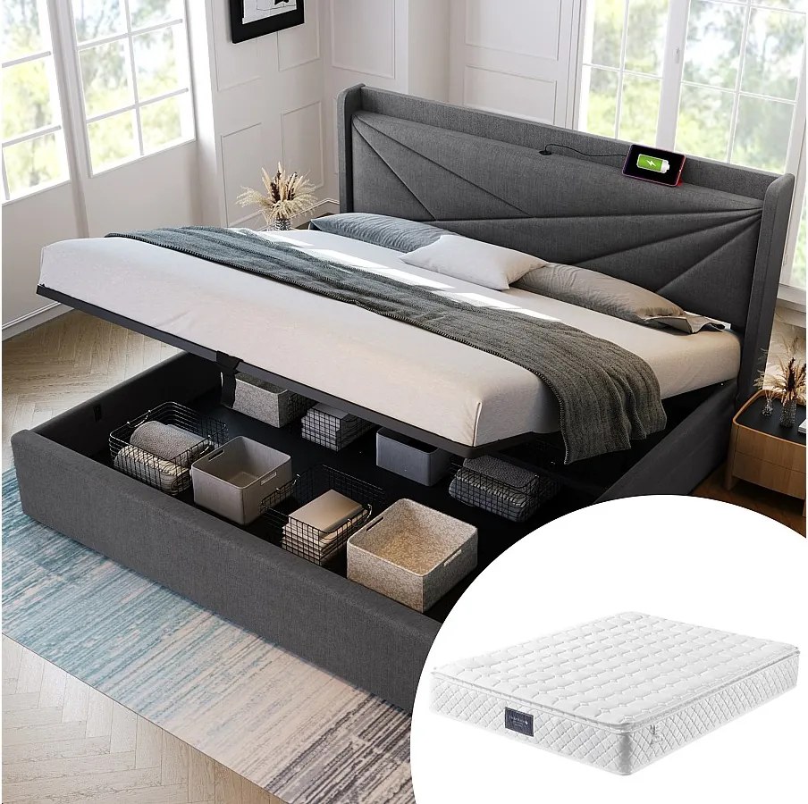 Łóżko dla dorosłych 160x200 cm – z zagłówkiem, portem USB/typu C, stelażem – szary len – materac w cenie