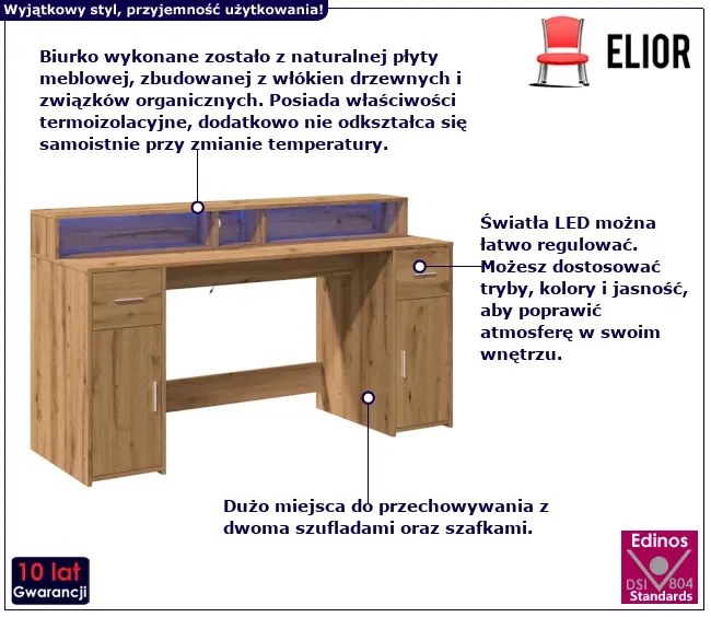 Biurko podświetlane 160 cm dąb artisan - Elvon