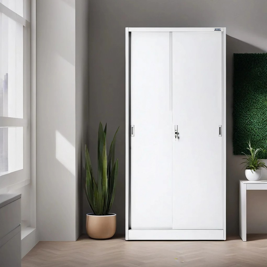 Szafa biurowa metalowa z drzwiami przesuwnymi biała, 900x1850x400 mm: KUBA