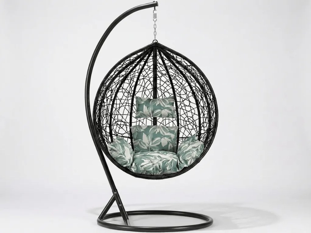Czarne wiszące krzesło KOKON ze stojakiem, zielono-biała poduszka