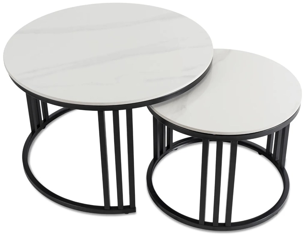 Zestaw Stolików Kawowych JERRY Biały Marmur/Czarny do Salonu Nowoczesny