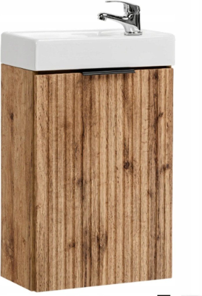 Szafka wisząca w kolorze naturalnego drewna ryflowane fronty z białą umywalką 40 x 22 cm ASTROS Light Oak