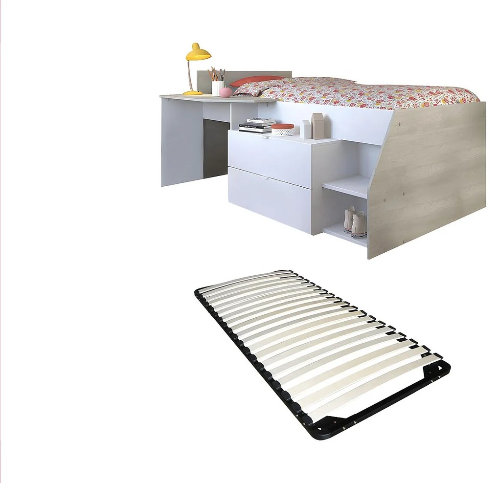 Łóżko z wbudowanym biurkiem i schowkami - 90 x 190/200 cm - Biały i naturalny + stelaż - GISELE