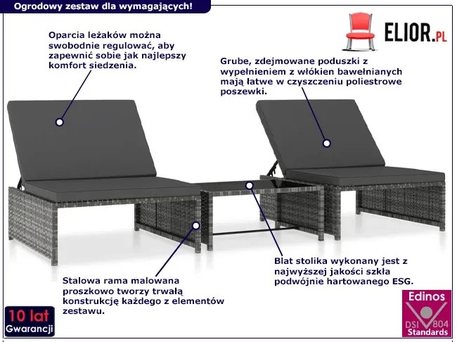 Szary ogrodowy zestaw stolik i 2 leżaki technorattanowe na taras Karam 4X