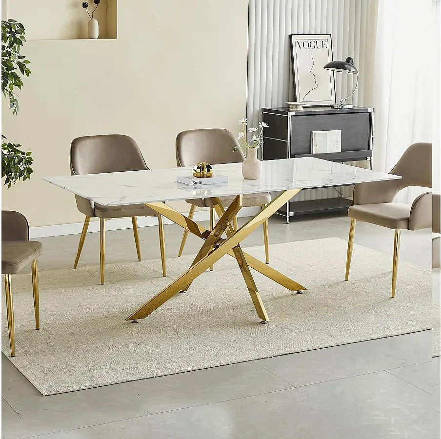 Prostokątny stół jadalniany z hartowanego szkła – Efekt białego marmuru i złoty metal – dla 8 osób – CHIARA