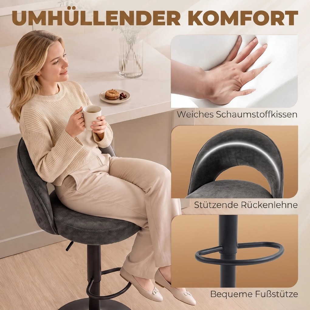 HOMCOM Zestaw 2 hokerów, regulowany i obrotowy, do lady, ciemnoszary | Aosom PL
