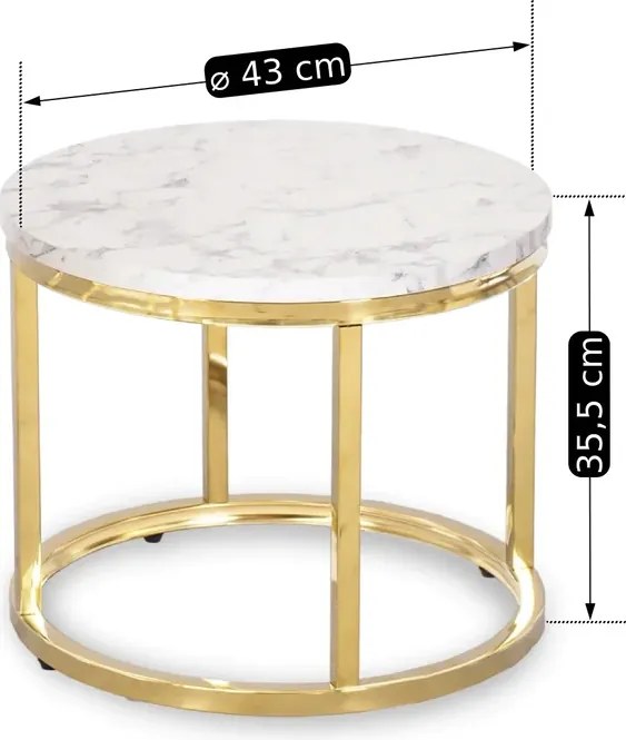 Zestaw Stolików Kawowych OLIS 43 cm/53 cm Biały Marmur Złoty do Salonu Glamour
