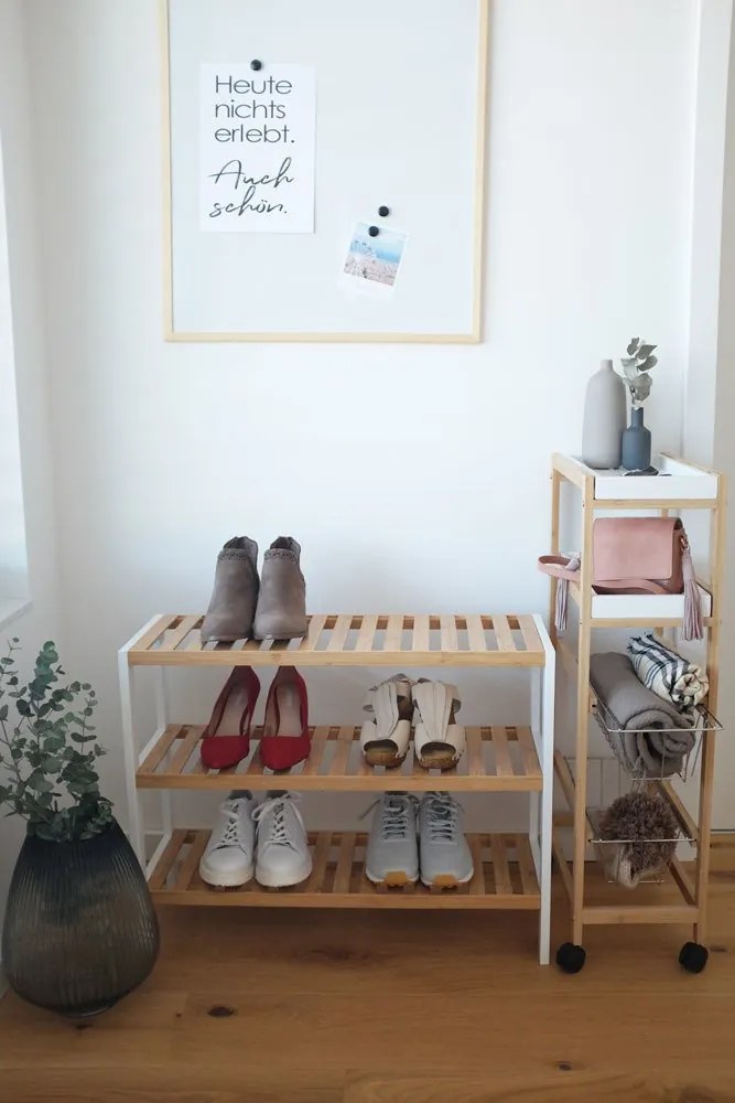 Szafka na buty, odkryty stojak z włókna bambusowego, kompaktowy mebel na obuwie.