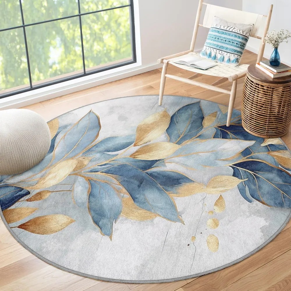 Okrągły dywan w niebiesko-złotym kolorze odpowiedni do prania ø 100 cm Golden Leaves – Mila Home