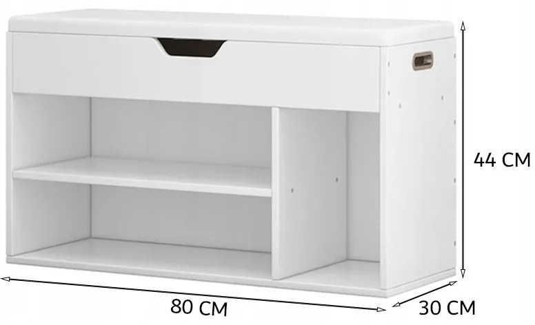 Biała szafka na buty z drewnianym siedziskiem i schowkiem 80 cm