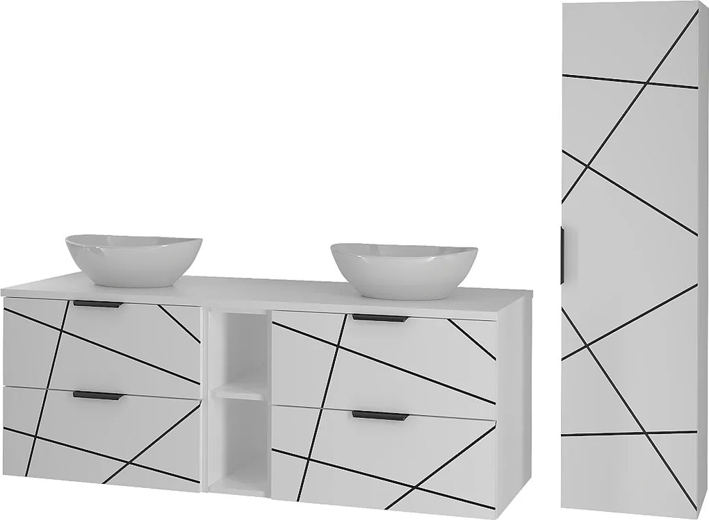 Zestaw Łazienkowy 140cm Szafka z Blatem Regał Umywalka Słupek Biały Mat Wood