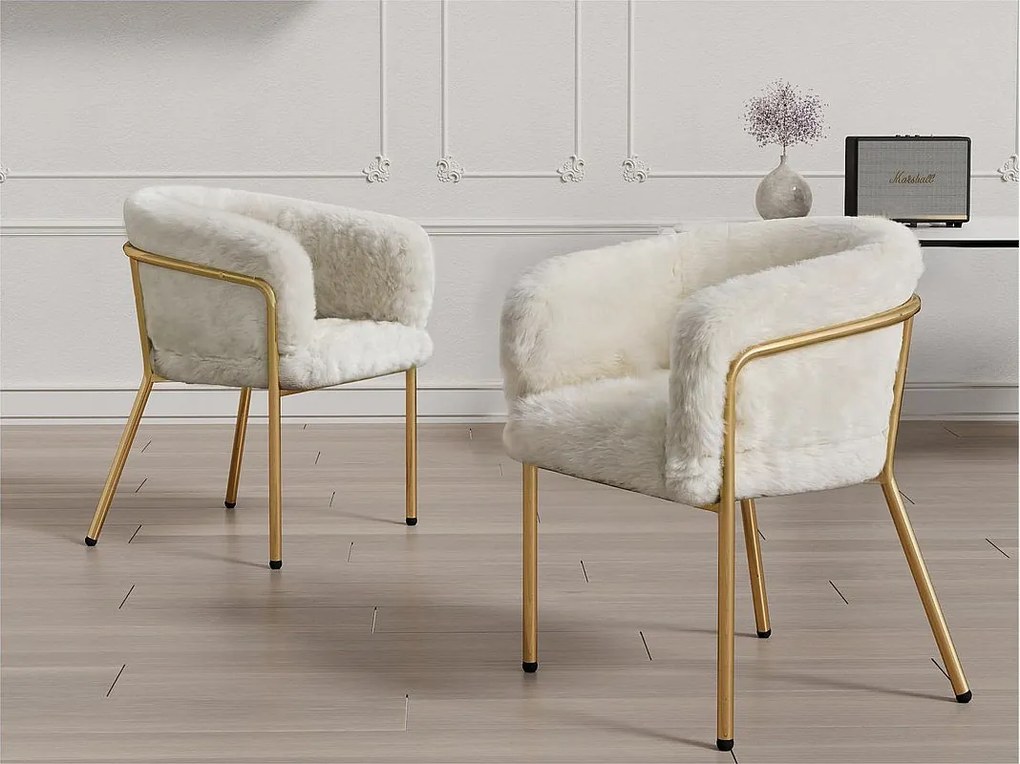 Zestaw 2 leżaków do jadalni, salonu lub sypialni - z materiału przypominającego króliczy puch - z 4 złotymi metalowymi nogami - beżowy