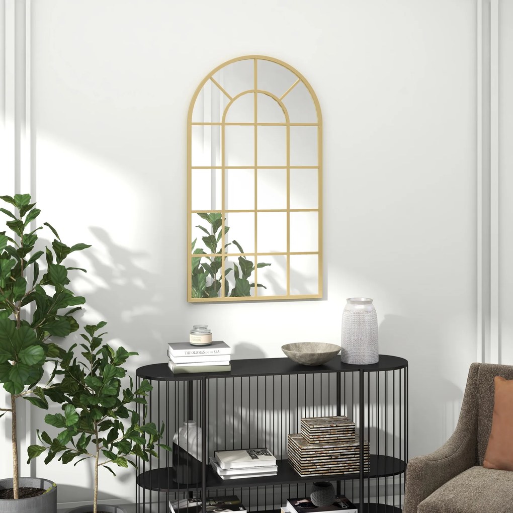 HOMCOM Lustro ścienna, design okienny, korytarzowe, metalowa rama, 110 x 62 cm, Złoto