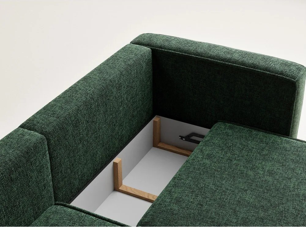 Ciemnozielony rozkładany narożnik ze schowkiem z tkaniny szenilowej (lewostronny/z szezlongiem) Velto – Maison de Rêve