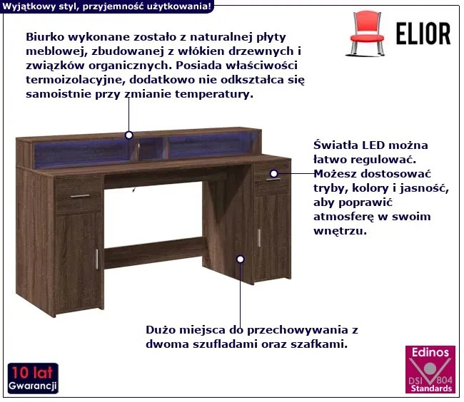 Biurko podświetlane 160 cm brązowy dąb H1-T58
