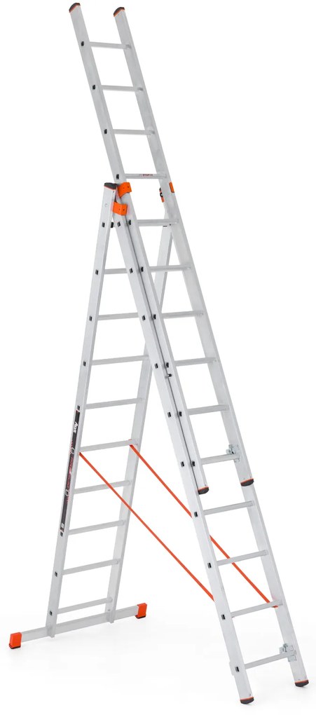 Aluminiowa trójczęściowa drabina ALVE PREMIUM z stopniami, 3x10 szczebli, długość 6,94 m
