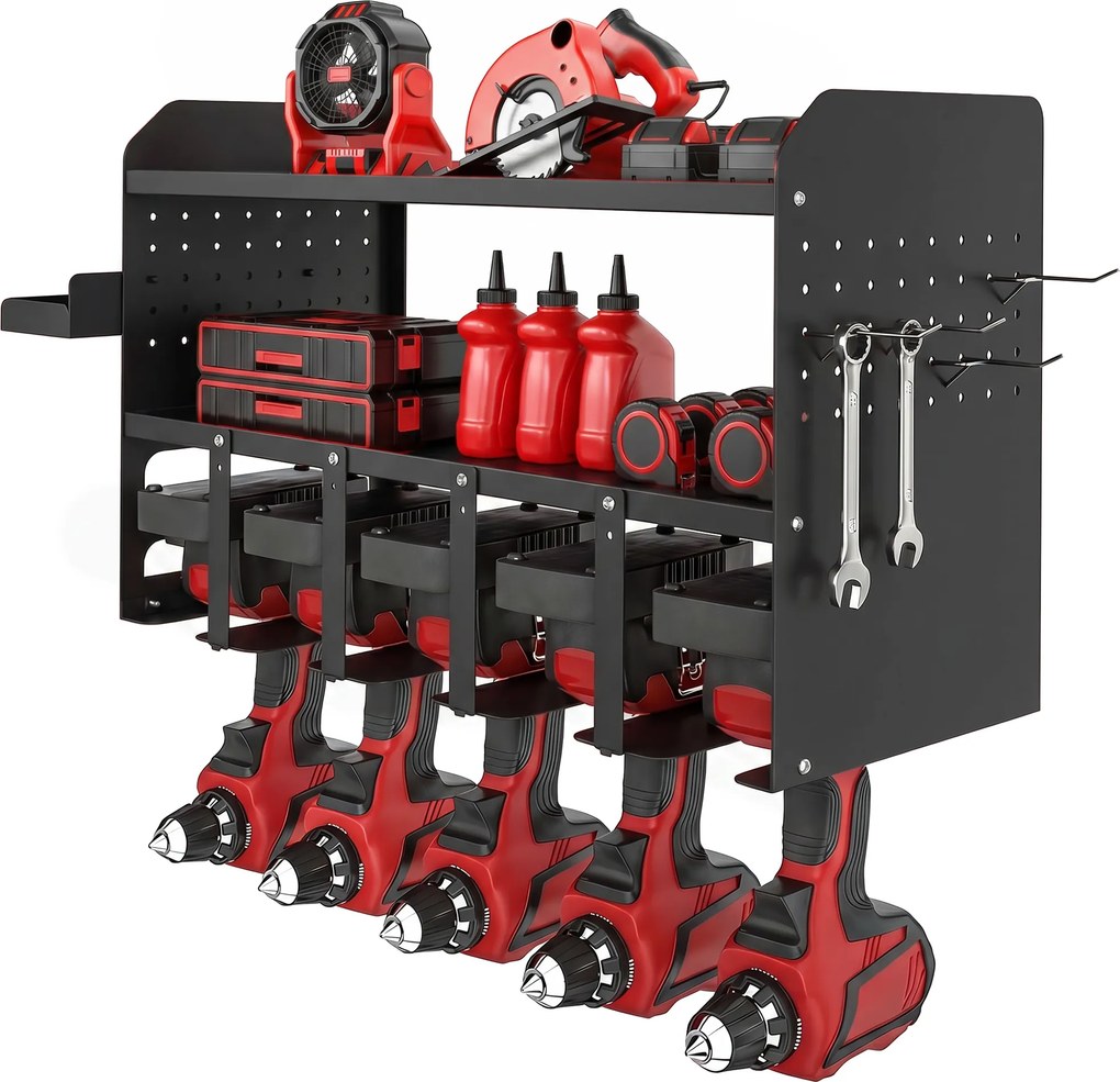 Outsunny Organizer narzędzi ogrodowych 2-poziomowy stojak na narzędzia z hakami boczna półka do 50 kg 61,8 x 23 x 32,7cm Czarny | Aosom PL