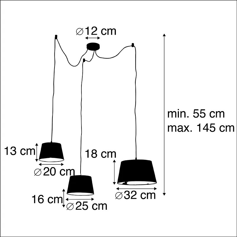 Lampa wisząca z 3 czarnymi i złotymi abażurami z bawełny - Cava