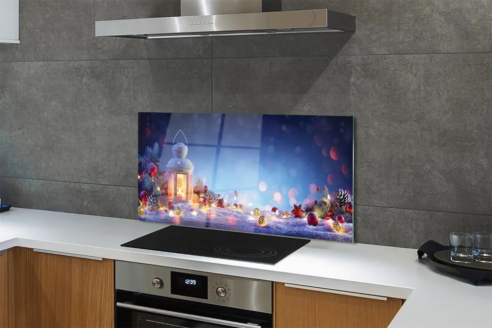 Panel szklany do Kuchni Zimowy Lampion w Śniegu