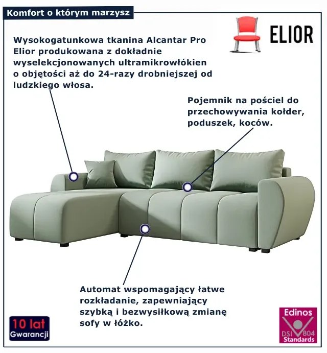 Zielony narożnik L z funkcją spania S6-A98