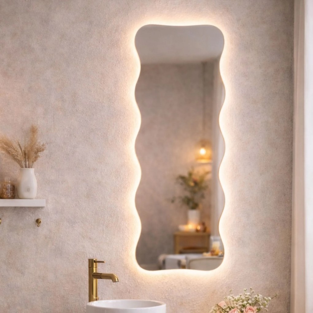 Lustro dekoracyjne oszlifowane z podświetleniem WAVE Slim LED | Różne rozmiary | Różne kolory : Kolor tafli szkła - Srebrny, Rozmiar - 60x145