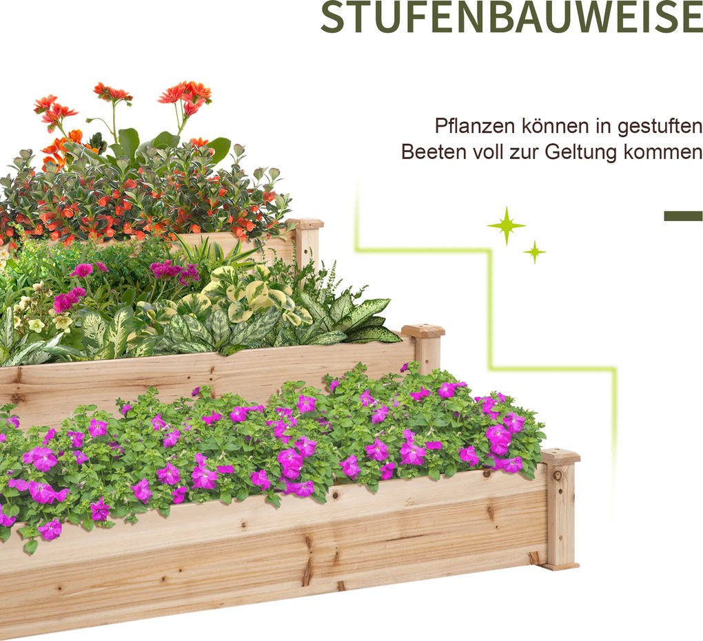 Outsunny Podwyższona Grządka Drewniana 3Poziomowa Rabata Ogrodowa 124x124x56cm Naturalne Drewno | Aosom PL